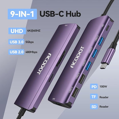 USB C Hub, 9-in-1 Multi-Port USB Adapter, 4K@60Hz HDMI, 100W Max PD, 3 USB3.0(5Gbps) + 2 USB2.0 Data Ports, SD/TF Card Reader for MacBook, iPad Pro, Dell, HP, Lenovo, Windows Laptop, Purple