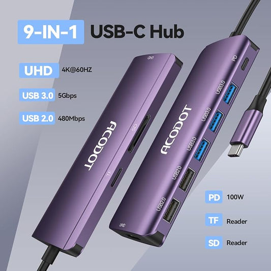 USB C Hub, 9-in-1 Multi-Port USB Adapter, 4K@60Hz HDMI, 100W Max PD, 3 USB3.0(5Gbps) + 2 USB2.0 Data Ports, SD/TF Card Reader for MacBook, iPad Pro, Dell, HP, Lenovo, Windows Laptop, Purple