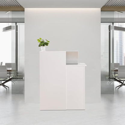 Small Reception Desk with Two Lockable Drawers,White Counter Table, Small Front Desk for Salon Lobby Office Home