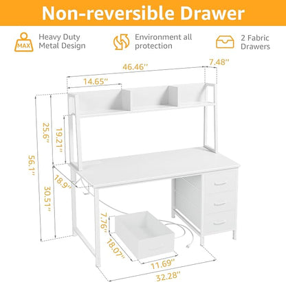 DLisiting White Computer Desk with Hutch & Drawers - 47 Inch Modern Study Writing Office Desk with 3 Storage Drawers and Power Outlets for Bedroom Home Office