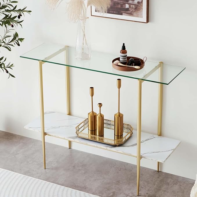 LumFurn Glass Console Table for Living Room, Foyer & Entrance, 2-Tiers Mid-Century Modern Sofa Table with Clear Glass Top, White Marble Finish Wood Shelf and Gold Finish Frame