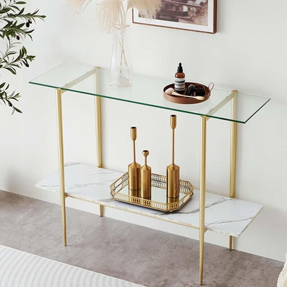 LumFurn Glass Console Table for Living Room, Foyer & Entrance, 2-Tiers Mid-Century Modern Sofa Table with Clear Glass Top, White Marble Finish Wood Shelf and Gold Finish Frame