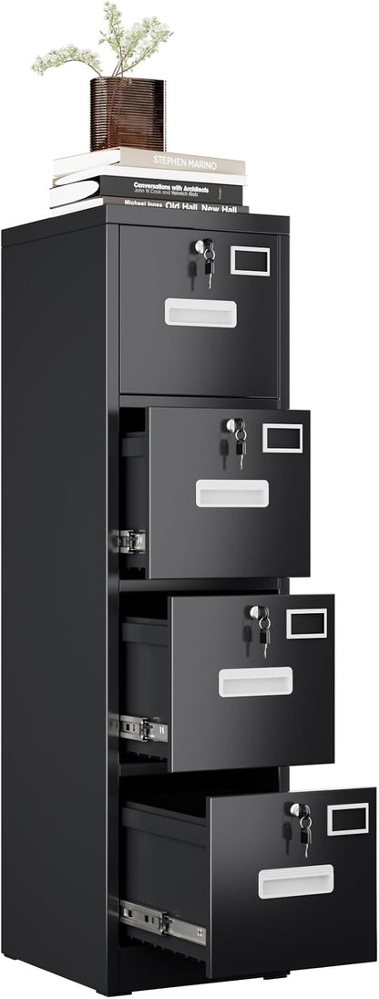 METAN Upgrade Metal 4 Drawer Files Cabinet for Home Office,Lockable Steel File Storage Cabinet with 4 Locks for Hanging Legal/Letter A4 Size, Assembly Required,Black