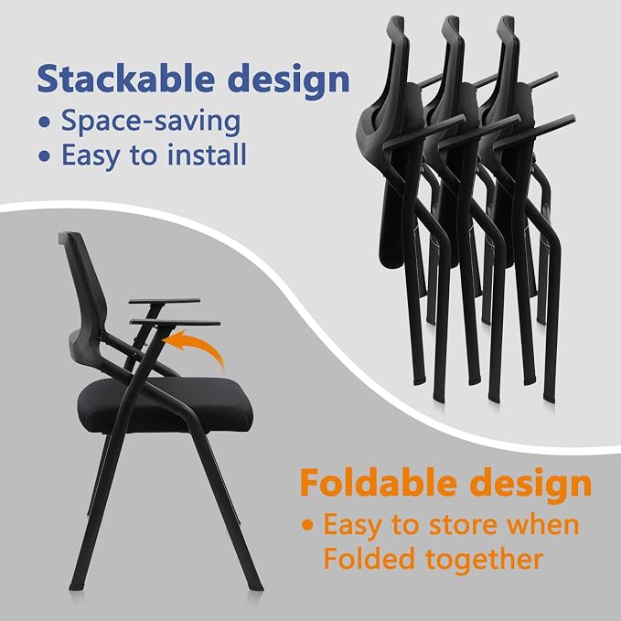 CLATINA Stackable & Foldable Office Chairs with Ergonomic Lumbar Support and Thickened Seat Cushion, Folding Mesh Fabric Reception Guest Chair for School Church Conference Waiting Room Black (2pk)
