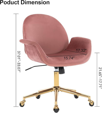 Pink Velvet Home Office Desk Chair with Gold Base for Women Girls, Swivel Makeup Vanity Chair with Pillow,Rose Upholstered Mid Back Adjustable Office Chair for Bedroom Living Room(Pink)