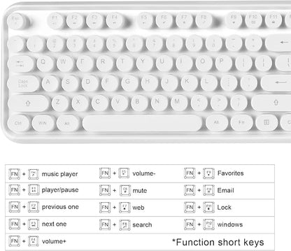 Wireless Keyboard and Mouse Combo - Cute Colorful Keyboard and Mouse, Retro Typewriter Keyboard with 2.4GHz Plug & Play, for Windows 11/10/7, Laptop, PC (White)