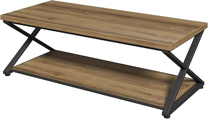 MILEFA2 Tier Coffee Table, Farmhouse CenterTable with Storage, Wood and Metal Living RoomTable for Home Office Bedroom, Rustic Brown,47Inch