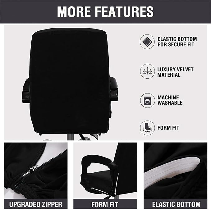 Velvet Plush Office Chair Cover with Armrests, Universal XL, Black | Stretch Elastic Fit, Desk Computer Chairs, Pet and Children Friendly, Washable
