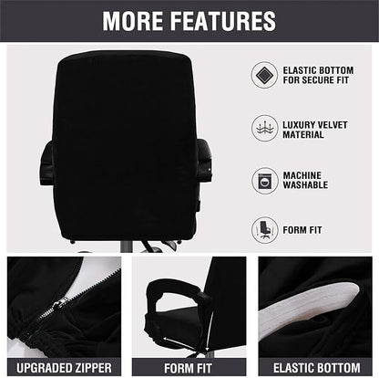 Velvet Plush Office Chair Cover with Armrests, Universal XL, Black | Stretch Elastic Fit, Desk Computer Chairs, Pet and Children Friendly, Washable