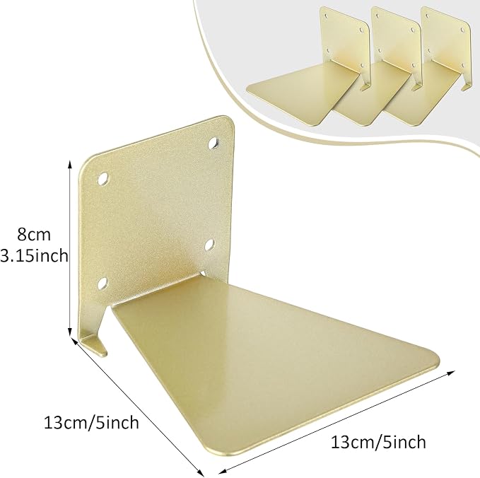 Jetec 6 Pack Invisible Floating Bookshelf Wall Mounted Floating Bookshelves Heavy Duty Book Organizers Hidden Book Shelf Metal Shelves Holder for Books Bedroom Living Room Home Office (Gold)