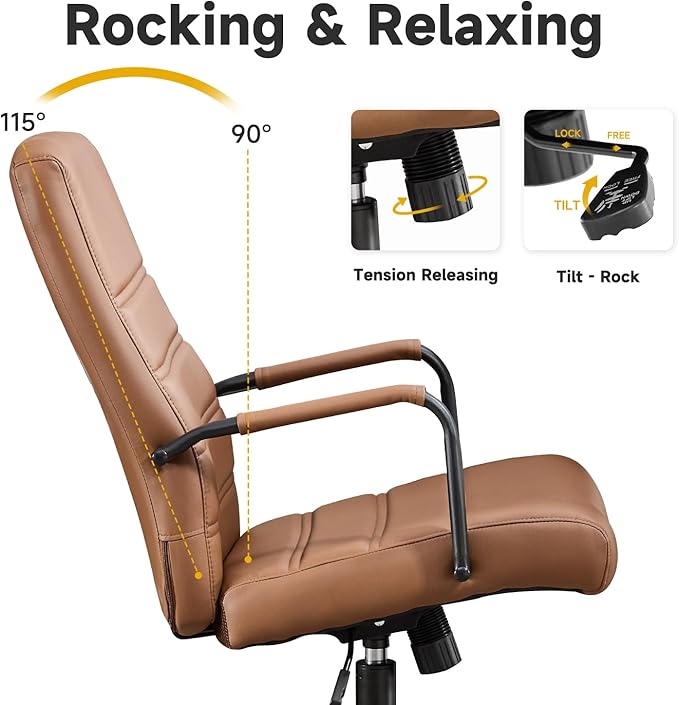 Office Desk Chair Leather, Conference Room Chairs with Wheels, Modern Executive Office Chairs Adjustable Height, Ergonomic Swivel Rolling Ribbed Computer Chair (Brown&Black)