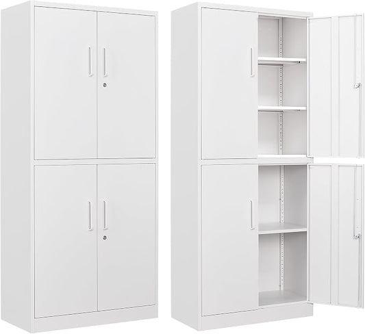 Letaya Metal Storage Cabinet with Lock Door, Adjustable Shelf Steel Cabinets for Office, Home,Pantry,Kitchen,Garage Utility Cabinet (4 Door-White)