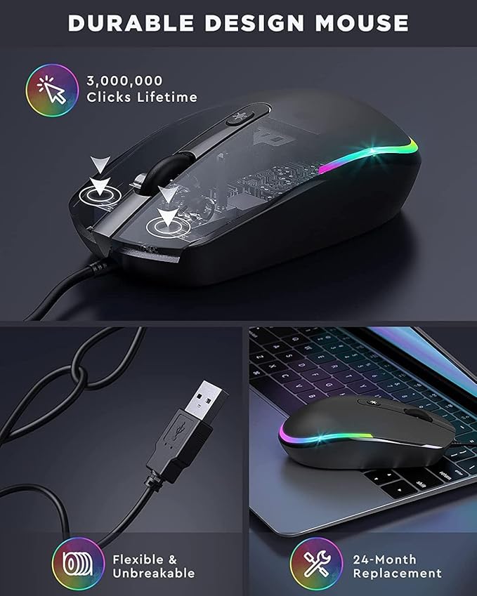 seenda Wired Mouse - USB Corded Mouse with Colorful RGB Backlit, Plug and Play, 1600 DPI Optical Tracking，Silent Computer Mouse for Laptop, PC, Chromebook, Desktop, Office, School, Home, Black
