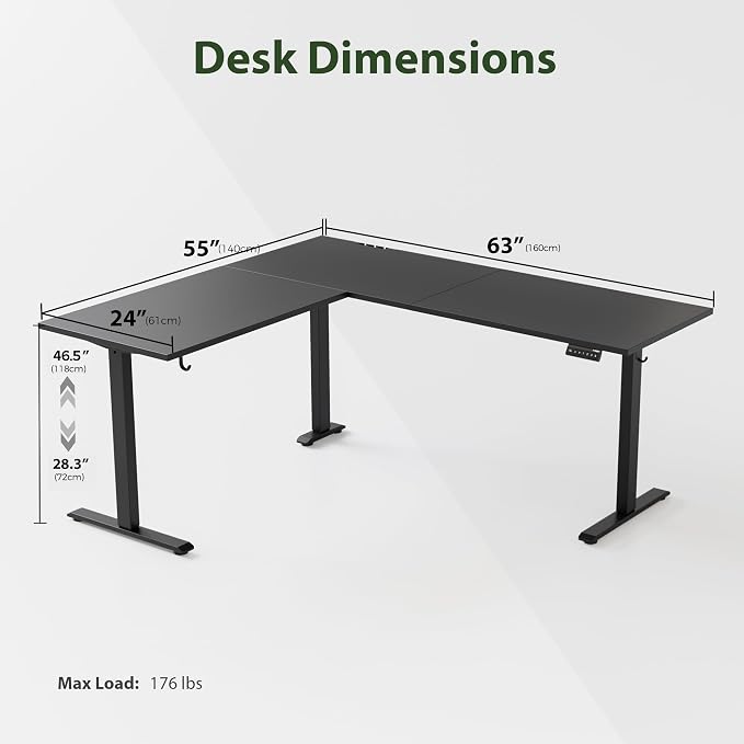 Agilestic L Shaped Standing Desk 63 x 55 inch Adjustable Height, Electric Corner Standing Desk, Sit Stand Computer Table with Splice Board, Black