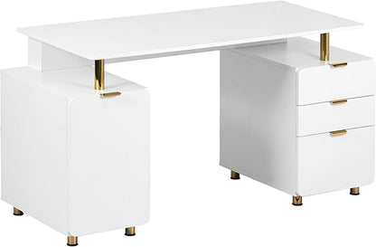 Elegant 57" W Executive Desk with 3 Drawers and Storage Cabinet, Modern Office Desk with Gold Accents, Floating Work Surface, Closed Storage with Ventilation & Adjustable Shelf (White,Gold)