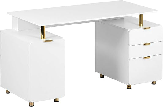 Elegant 57" W Executive Desk with 3 Drawers and Storage Cabinet, Modern Office Desk with Gold Accents, Floating Work Surface, Closed Storage with Ventilation & Adjustable Shelf (White,Gold)