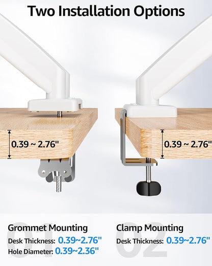 Dual Monitor Arm Desk Mount Fits 13 to 32 inch Computer Screens, Holds 4.4 to 19.8lbs Display VESA Mount, Adjustable Double Monitor Stand with Clamp/Grommet Base, 75/100mm Bracket, White, Freelift