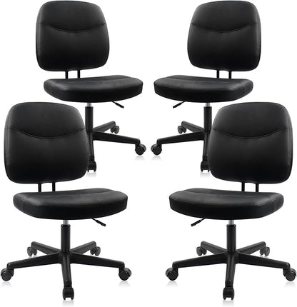 CLATINA Armless Home Office Chair,Small PU Leather Ergonomic Low Back Desk Chair with Lumbar Support and Wheels, Adjustable Height 360° Swivel Rolling Computer Task Chair, Black, 4 Pack