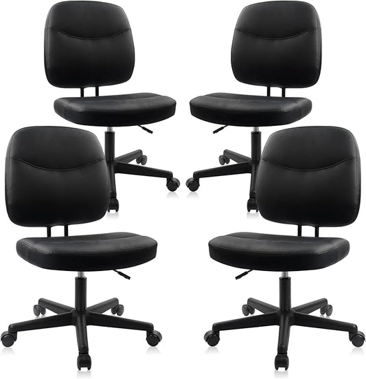 CLATINA Armless Home Office Chair,Small PU Leather Ergonomic Low Back Desk Chair with Lumbar Support and Wheels, Adjustable Height 360° Swivel Rolling Computer Task Chair, Black, 4 Pack