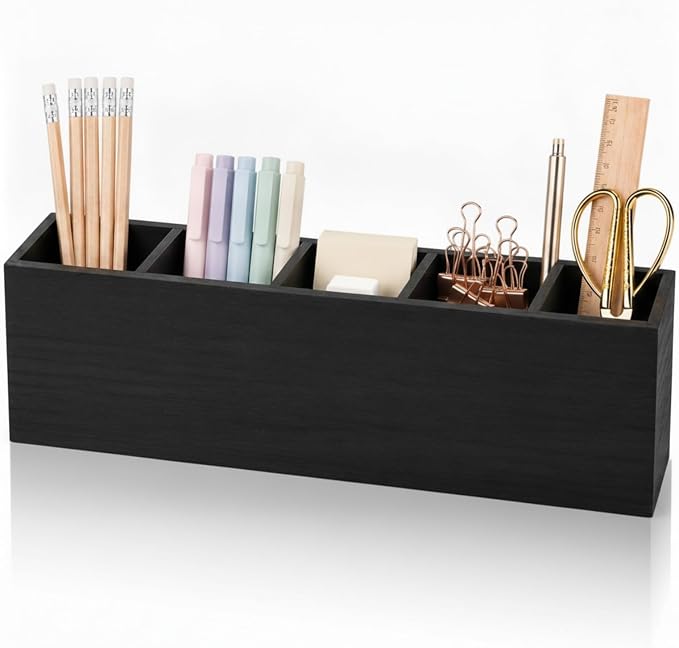 Jetec Wooden Pencil Pen Holder for Desk 5 Compartments Cosmetic Makeup Brush Stationery Office Desktop Organizers for Countertop Adjustable Silverware Caddy for Party, Art Supplies,Home decor(Black)