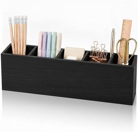 Jetec Wooden Pencil Pen Holder for Desk 5 Compartments Cosmetic Makeup Brush Stationery Office Desktop Organizers for Countertop Adjustable Silverware Caddy for Party, Art Supplies,Home decor(Black)
