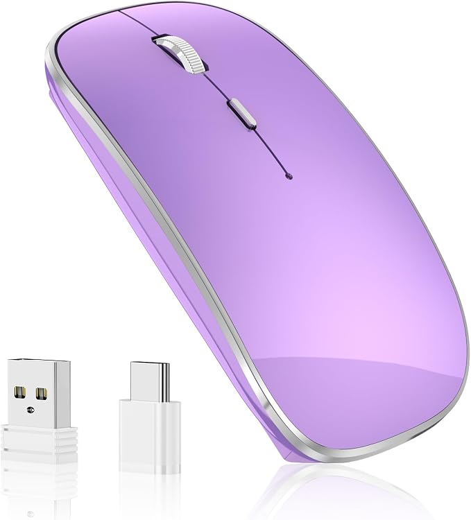 Halpilt Wireless Mouse Chargeable Portable Silent USB and Type-C Dual Mode Wireless Mouse 3 Adjustable DPI for Laptop, Mac, Android, PC (Q23S Purple)