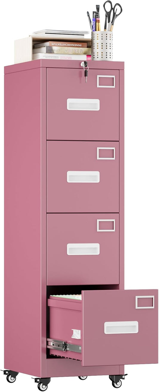Aobabo 4 Drawer File Cabinet with Lock, Metal Vertical Filing Cabinet with Wheels, Anti-Tilt Interlock System, Locking Office Storage for Letter/Legal Files,Pink,Required Assembly
