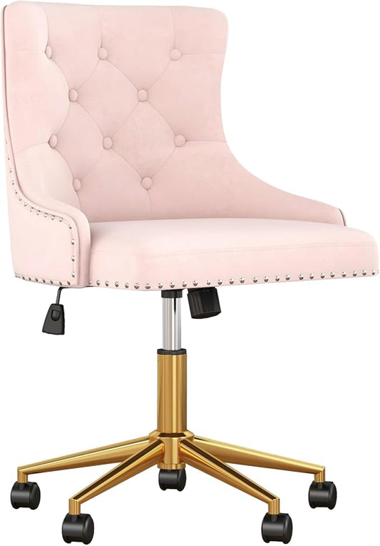Velvet Armless Home Office Desk Chair, Swivel Height-Adjustable Small Cute Vanity Chair for Women/Girls, Comfy Makeup Chair with Rivet and Gold Base for Living Room, Bedroom(Light Pink)