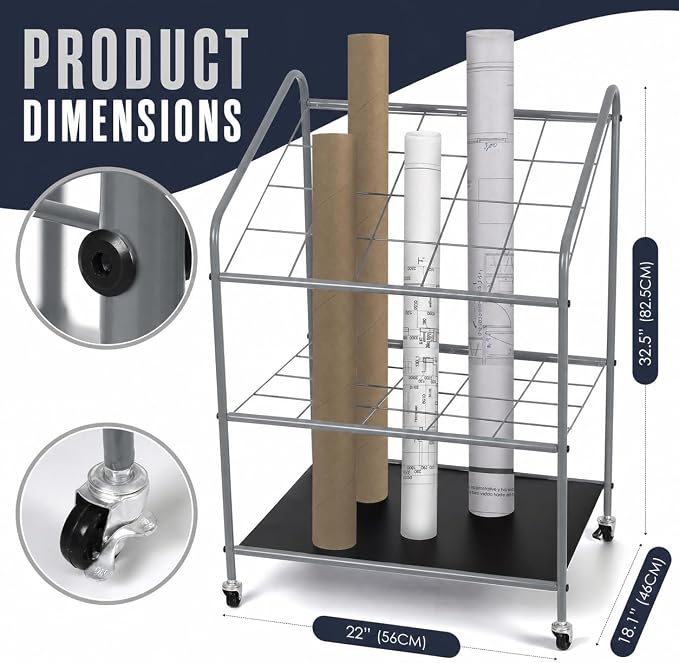 Houseables Blueprint Holder, Blueprint Storage, Construction Plan Holder, Storage Rack, Print Rack, Map Cabinet, Poster Display, Blue Print Organizer on Wheels, Architect, Paper, Tube, 20 Slot Cart