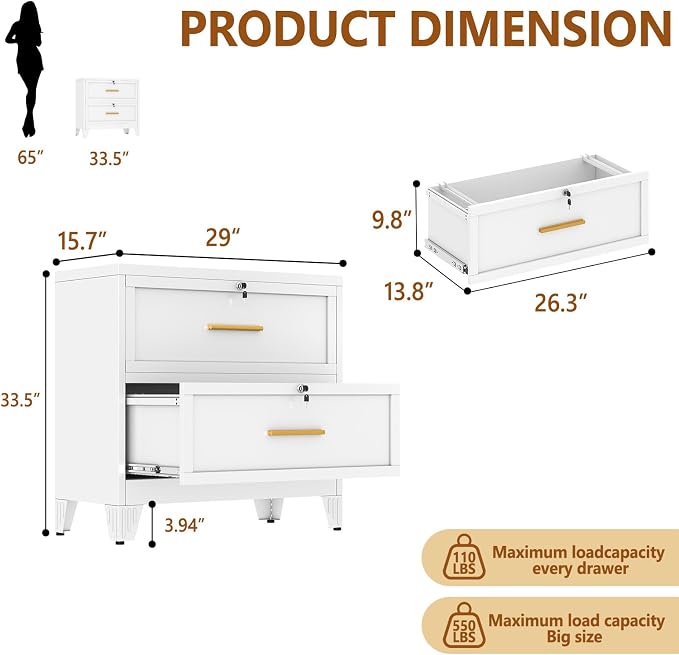 Metal Lateral File Cabinet with Lock,2 Drawer Steel Wide Filing Organization Storage Cabinets for Legal/Letter/A4/F4 Size with Hanging Files&Key,Lockable Printer Stand for Home Office, White