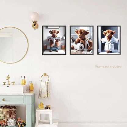 Funny Bathroom Highland Cow Wall Art, Brown Cute Cow Animal Canvas Posters Prints Wall Decor Set of 3, Vintage Rustic Farmhouse Home Painting Pictures for Kids Room Restroom 12x16 Inch Unframed