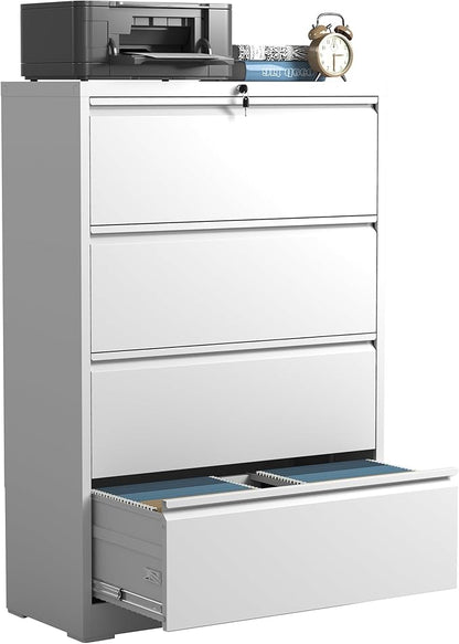 IKIMI 4 Drawer Lateral File Cabinets,White Metal Lateral Filing Cabinet for Home Office,Wide Steel Storage Cabinet Commercial Drawer for Legal/Letter/A4 Size Files