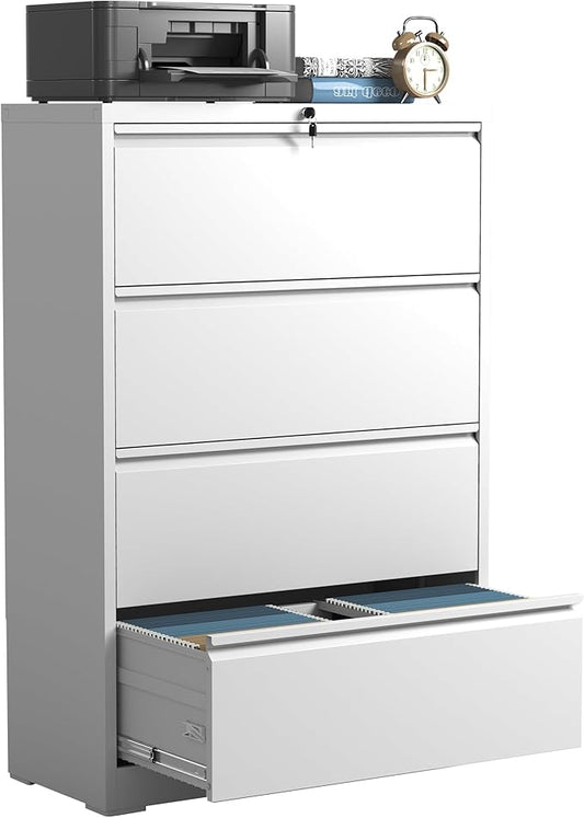IKIMI 4 Drawer Lateral File Cabinets,White Metal Lateral Filing Cabinet for Home Office,Wide Steel Storage Cabinet Commercial Drawer for Legal/Letter/A4 Size Files