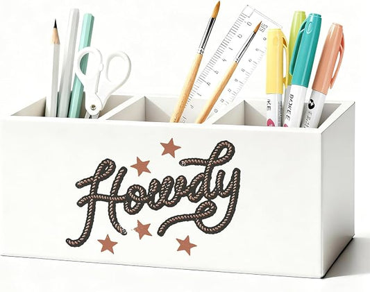 Western Pen Pencil Holder for Desk, Cowgirl Gifts, Cowboy Gifts for Women Men, Western Office Decor, Howdy Southwestern Wooden Box Sign Decorations for Home Office Desk Tabletop