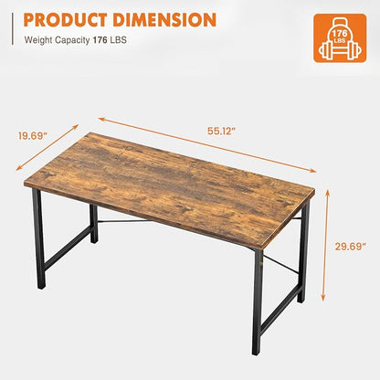 Sweetcrispy Small Computer Desk, 55" Office Writing Desk with Metal Frame & Wooden Tabletop, X-Shaped Reinforcement, Student Study Home Bedroom Table, Brown
