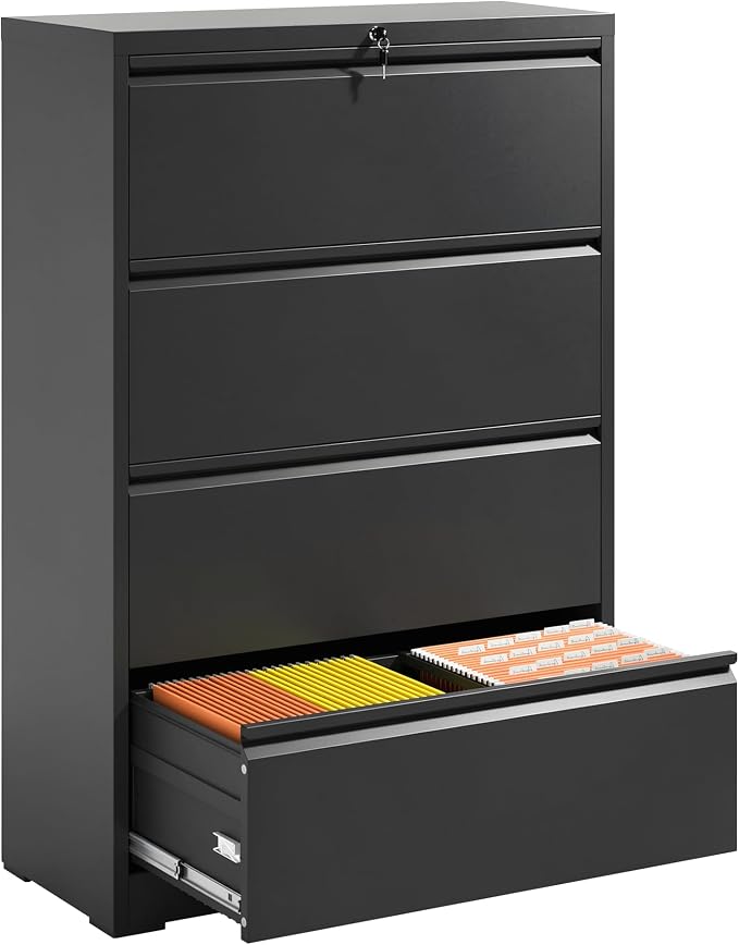 4 Drawer File Cabinets,Metal Office Storage Filing Cabinet with Lock,Black Lateral Filing Cabinet for Home Office,Horizontal Locking File Cabinet for Legal/Letter/A4,Assembly Required,Black