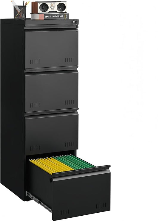 Guizeeopo Metal File Cabinet with Lock, Vertical 4 Drawer File Cabinets for Home Office, Heavy Duty Office Storage Cabinet for A4/Letter/Legal Size, Assembly Required(Black)