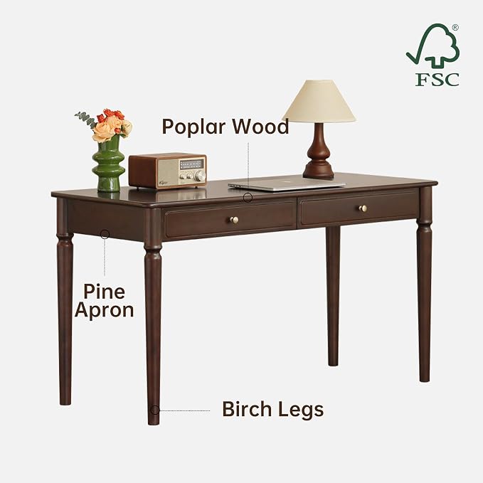 Solid Wood Work Desk, Retro Mid Century Modern Home Office Desk Featuring Drawers and Hand-Carved Legs, Multi-Functional Writing Table for Study & Daily Office Work 47.24" W