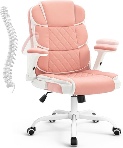 Pink Office Chair Ergonomic Desk Chair with Lumbar Support, Flip-Up Arms, Adjustable Swivel Computer Chair with Wheels, Comfortable PU Leather Cute Office Chair for Home Office Small Space