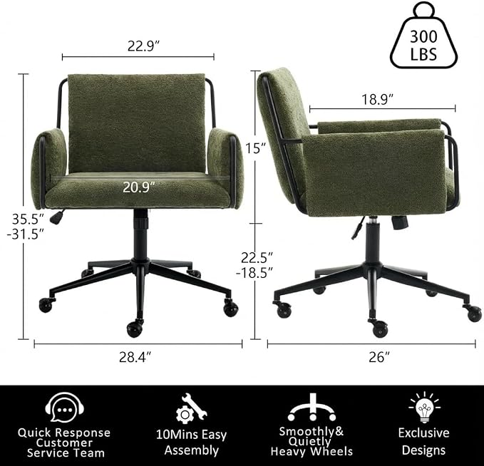 YOUNIKE Wide Seat Home Office Chair with Arms Modern Desk Chair with Wheels Fabric Vanity Chairs with Comfy Back Cross Legs Adjustable Swivel Rolling Computer Task Chair for Study Bedroom Makeup Green