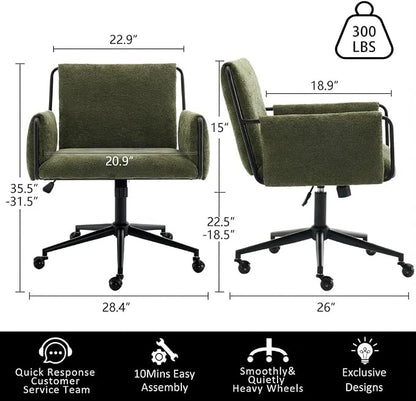 YOUNIKE Wide Seat Home Office Chair with Arms Modern Desk Chair with Wheels Fabric Vanity Chairs with Comfy Back Cross Legs Adjustable Swivel Rolling Computer Task Chair for Study Bedroom Makeup Green