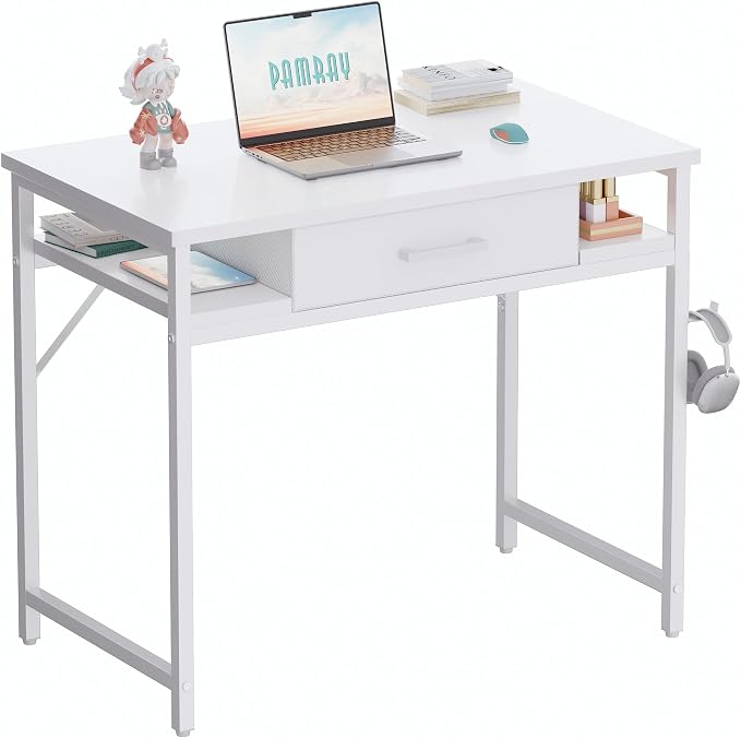 Pamray 32 Inch Small Computer Desk with Drawer and Shelves Simple Study Work Table for Bedroom White