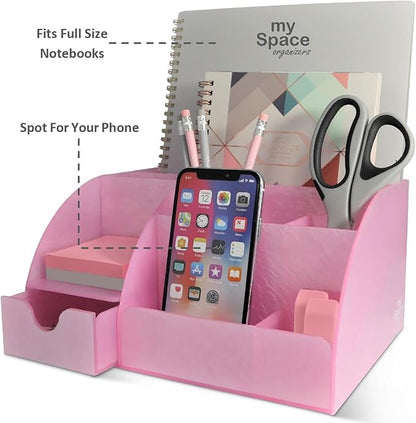 My Space Organizers Pink Desk Organizer Office, Acrylic, with Drawer, 9 Compartments, Supplies and Cool Desk Accessories Organizer, Desktop Pen Holder (Pink)
