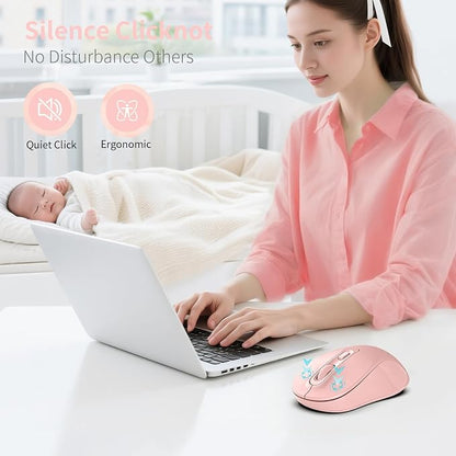 Wireless Mouse, 2026 New Model, Silent Click Ergonomic Design, Portable, 4 Buttons, Adjustable DPI (800/1200/1600), for Laptop/PC/Office (Pink)