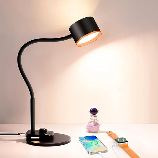 LiFMIRA Desk Lamp, LED Desk Lamp with USB C + A Charging Ports, 5 Colors Fully Dimmable Eye Care Reading Lamp for Bedside Table Full Metal Efficient Gooseneck Table Lamp for Home Office Black