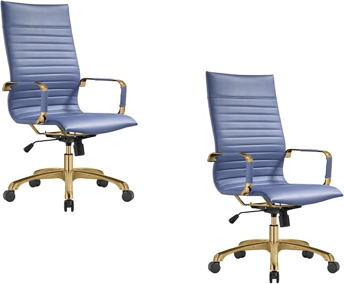 LeisureMod Harris High-Back Task Office Chair - Modern Leather Upholstery with Gold Frame, Ribbed Design 360 Degree Adjustable Swivel for Home, Office, and Study Room