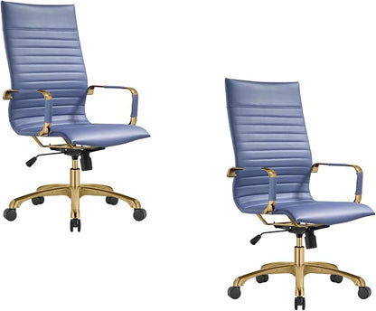LeisureMod Harris High-Back Task Office Chair - Modern Leather Upholstery with Gold Frame, Ribbed Design 360 Degree Adjustable Swivel for Home, Office, and Study Room