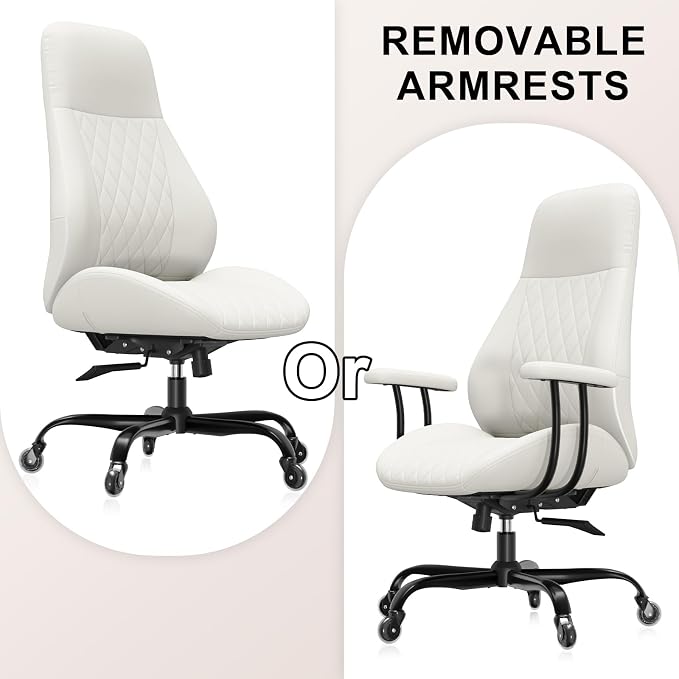 E-Ser Leather Desk Chair, Mid Century Modern Office Chair, White | Lumbar Support, Ergonomic, 360° Swivel, Rubber Rolling Wheels, Adjustable Height, for Adults