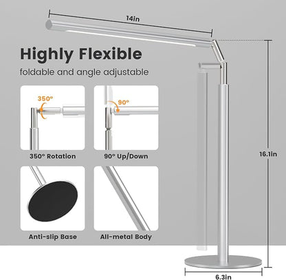 Metal Desk Lamp for Home Office - 16'' Foldable LED Desk Light for Reading, 4 Color Temps, 15W 1200Lm Dimmable Table Lamp with Flexible Arm, Task Lamp for College Dorm Study Painting, Silver
