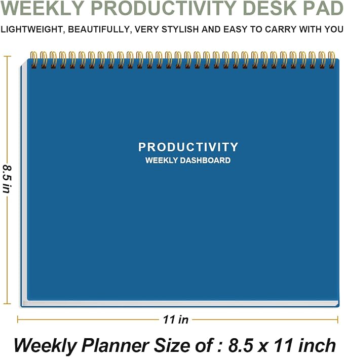Weekly Productivity Dashboard - 8.5" x 11" Dashboard Desk Notepad Has 6 Focus Areas to List Tasks for Goals, Projects, Clients, Academic or Meal-Organize Your Daily Work Efficiently, 54 Weeks, Blue